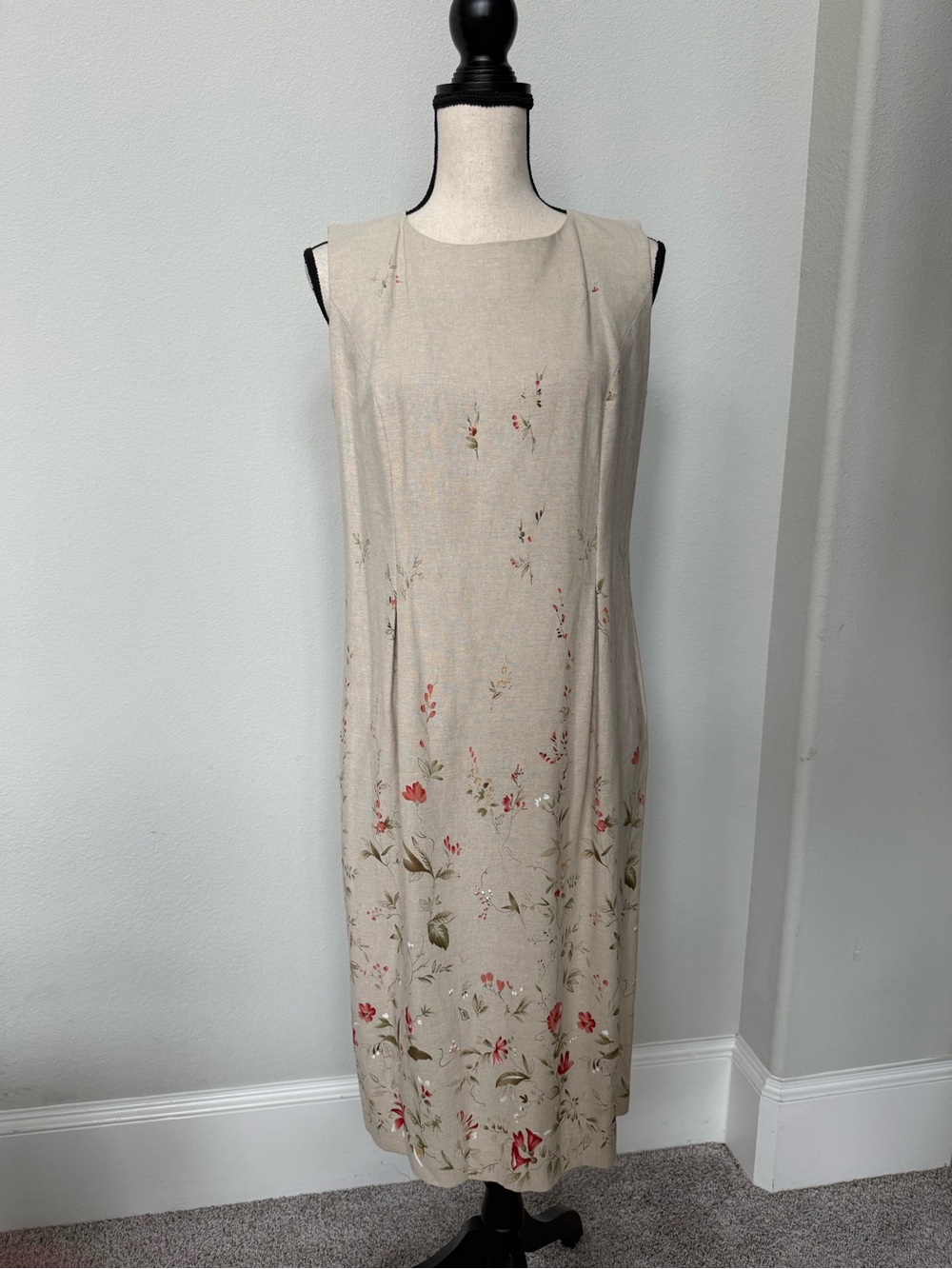 Vintage Leslie Fay Dresses Sleeveless Beige Floral Midi Shift Dress